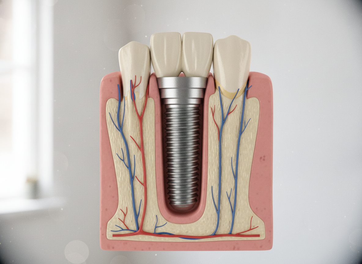 Ilustração de implante dentário na estrutura óssea